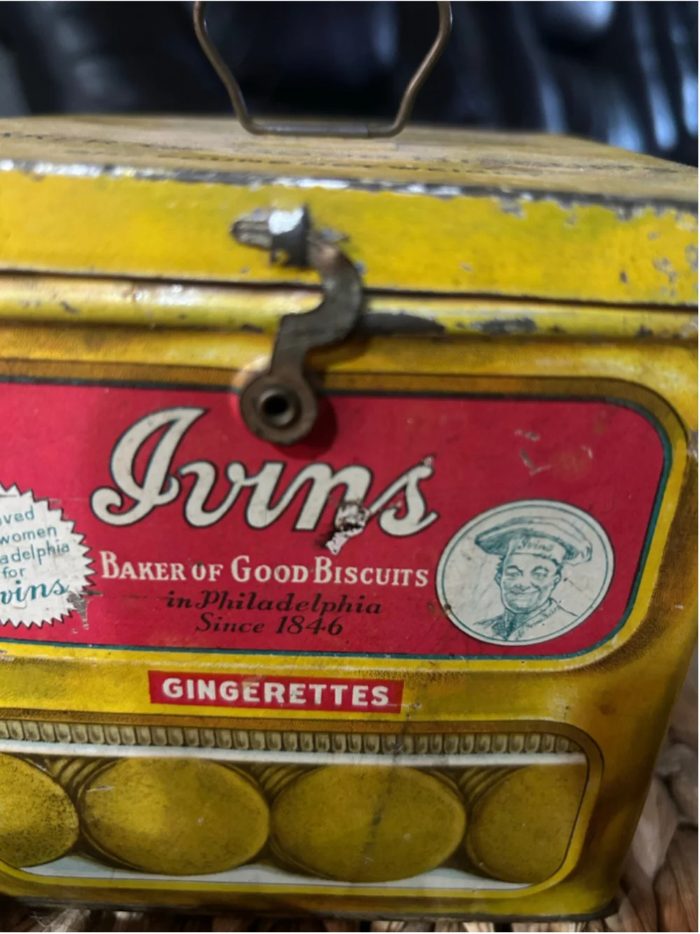 Vintage Ivins Gingerettes Biscuit Tin Food Storage Container Yellow Red